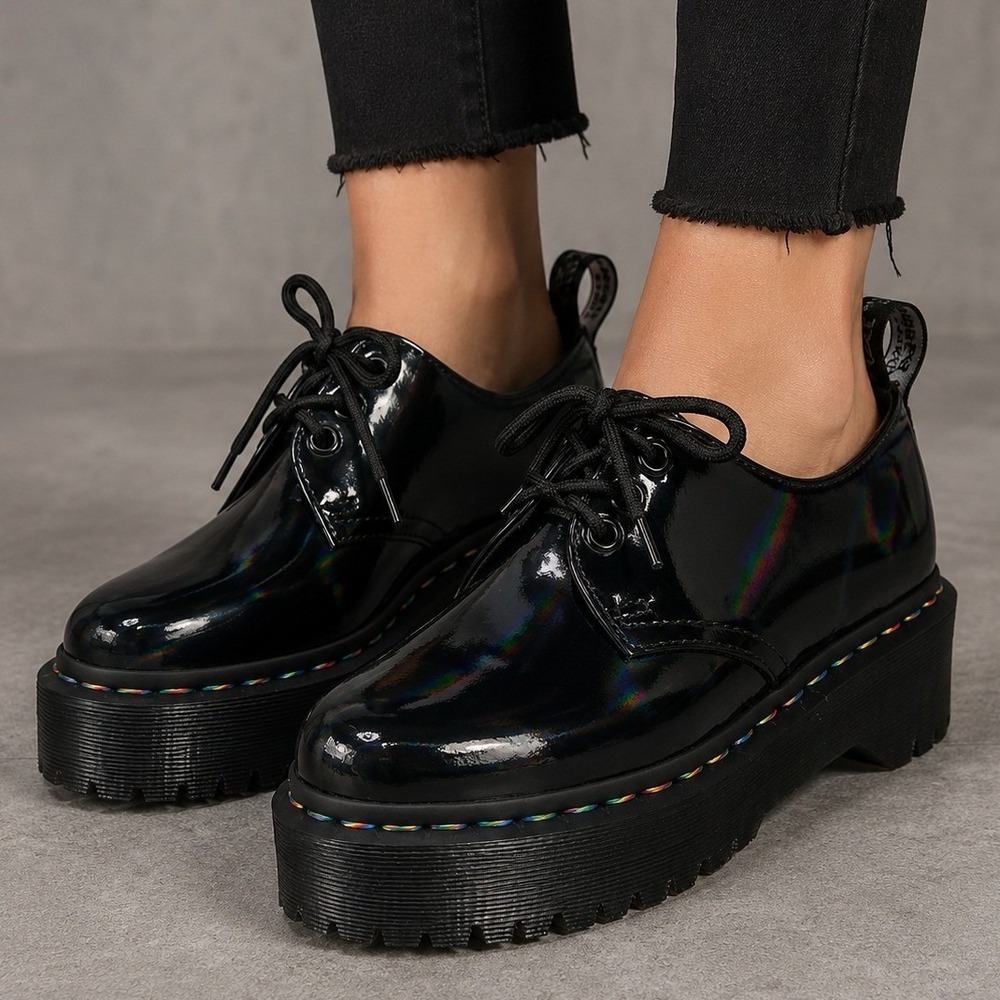 Dr. Martens 1461‎ Quad Shoes Womens 5 Black Rainbow Iridescent Platform Chunky